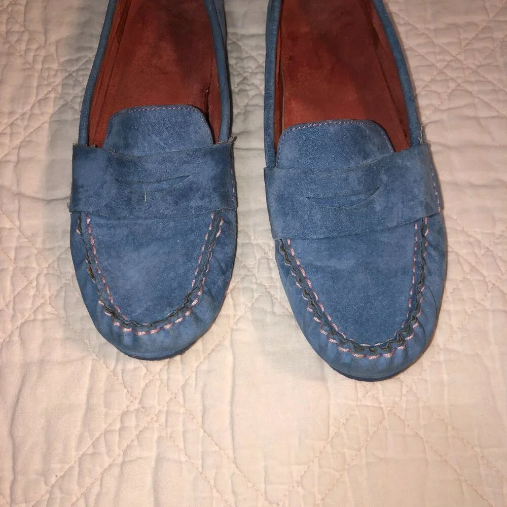 Womens Blue Suede Penny Loafers Moccasins, Size 9.5M